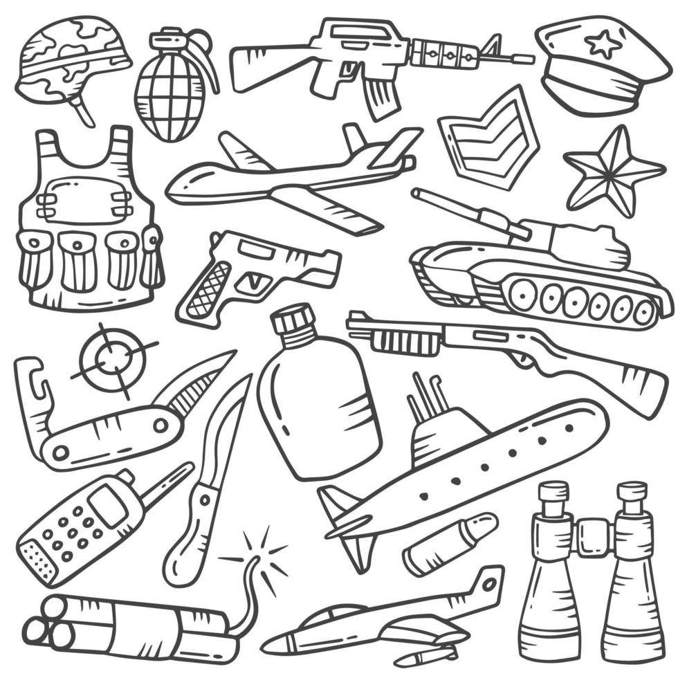 militaire doodle handgetekende set collecties met overzicht zwart-wit stijl vector