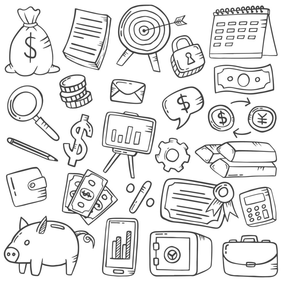 zakelijke financiën doodle handgetekende set collecties met overzicht zwart-wit stijl vector