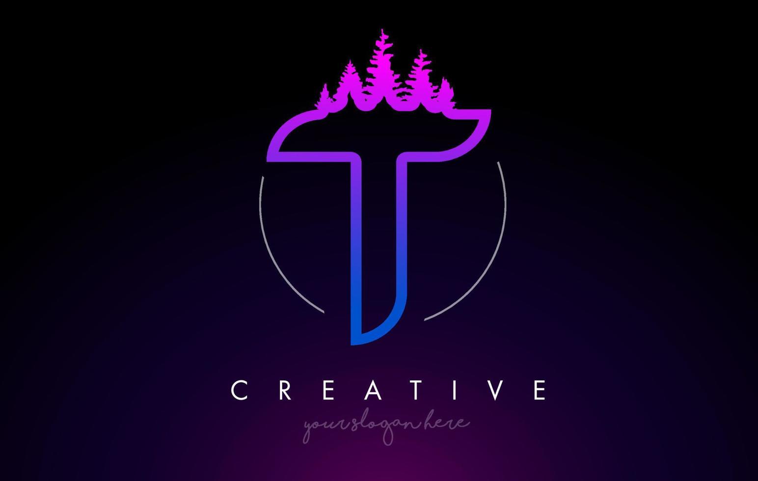 creatief t-letterlogo-idee met dennenbosbomen. letter t-ontwerp met dennenboom erop vector