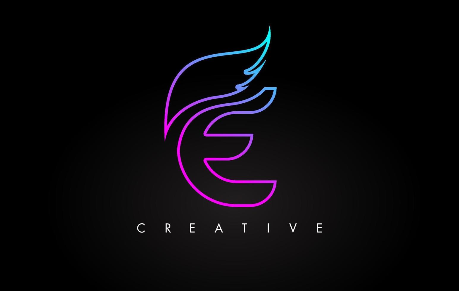 neon e letter logo pictogramontwerp met creatieve vleugel in blauwpaarse magenta kleuren vector