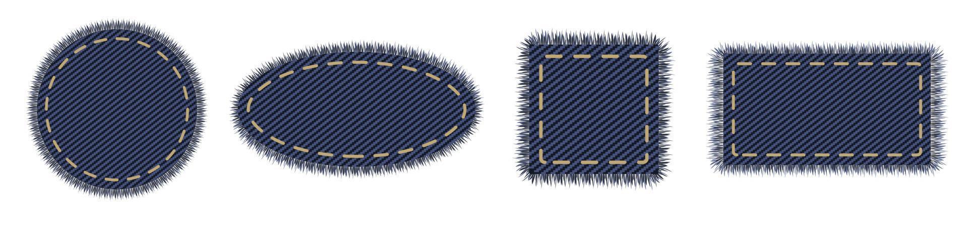 set van 4 geometrische denim vormen cirkel en vierkant. realistische textuur voor stoffen labelelement. blauw patchworkmateriaal. vector