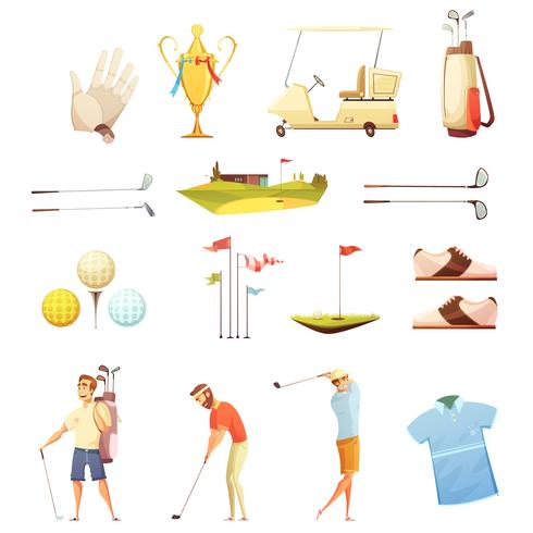 Golfattributen Retro Cartoon Icons Set vector