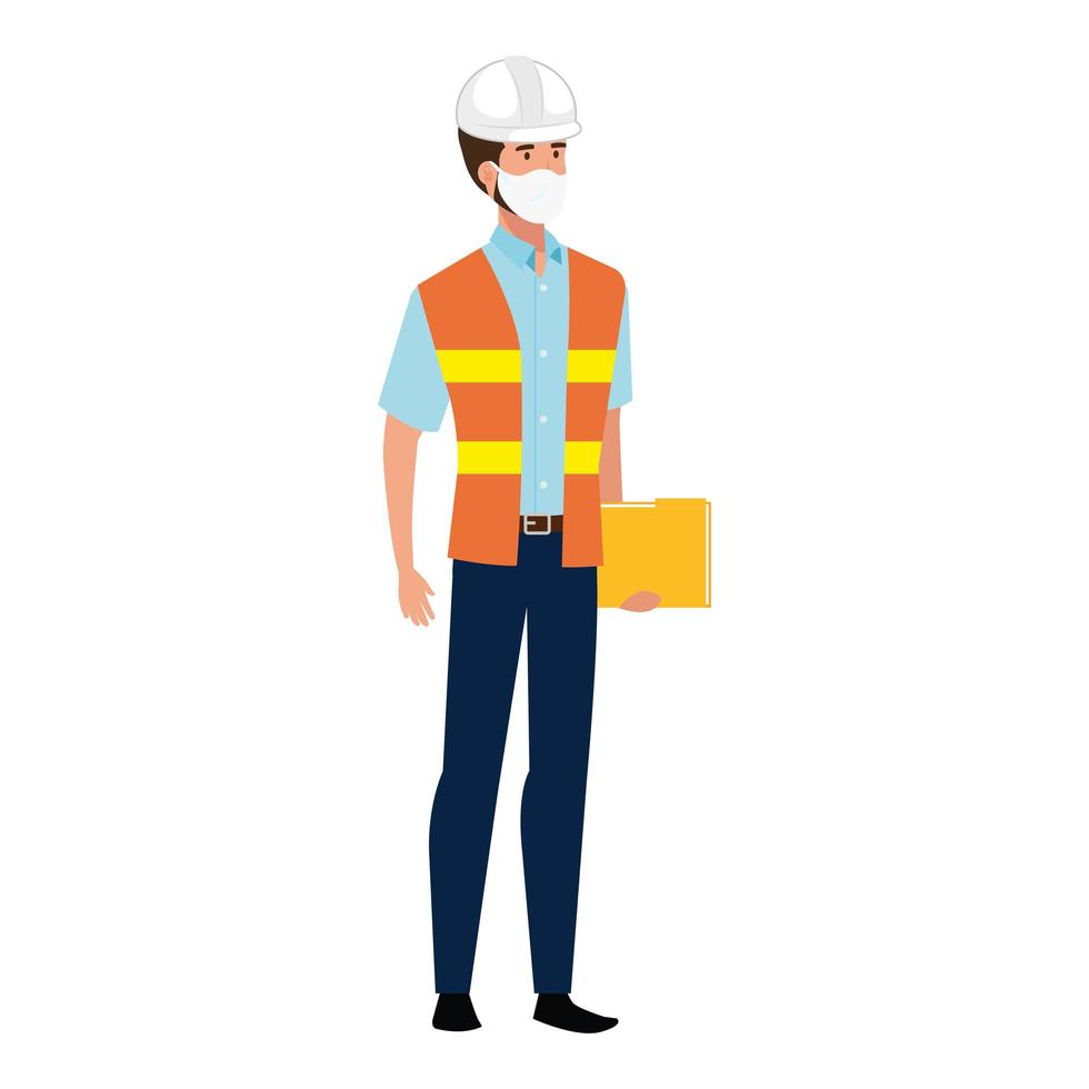 man ingenieur met vest met gezichtsmasker geïsoleerd pictogram vector