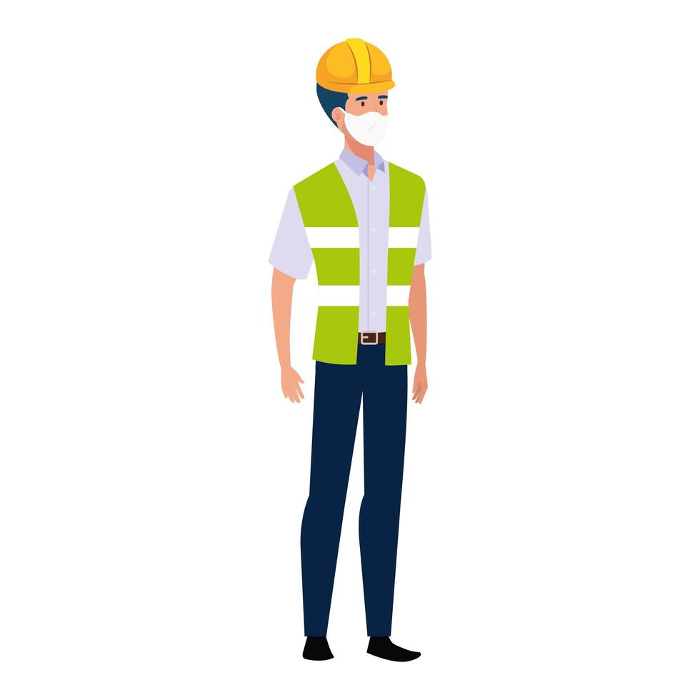 man ingenieur met vest met gezichtsmasker geïsoleerd pictogram vector