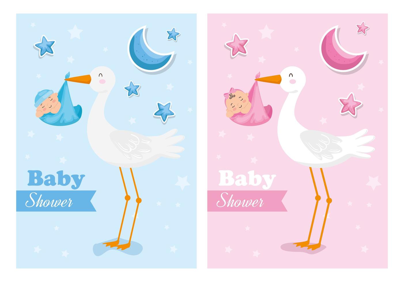 set babyshowerkaarten met ooievaars en baby's vector