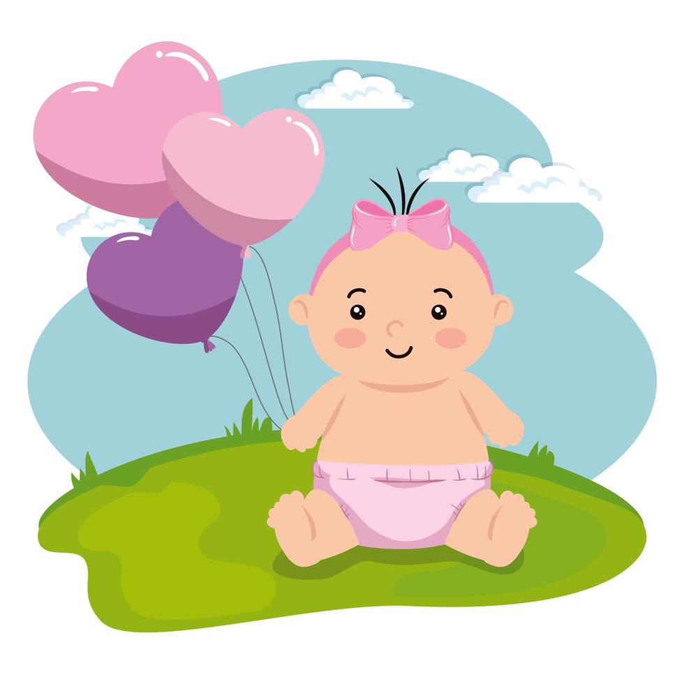 schattig klein babymeisje met ballonnen helium in landschap vector