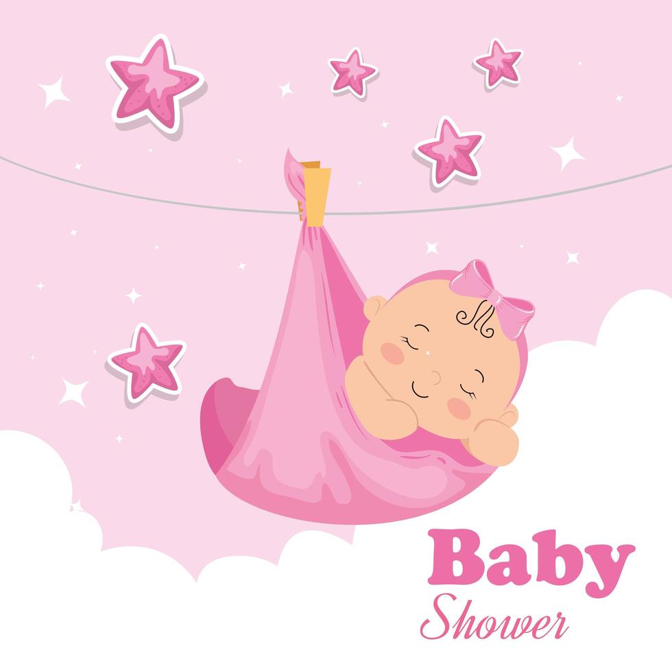 babyshowerkaart met schattig meisje en decoratie vector