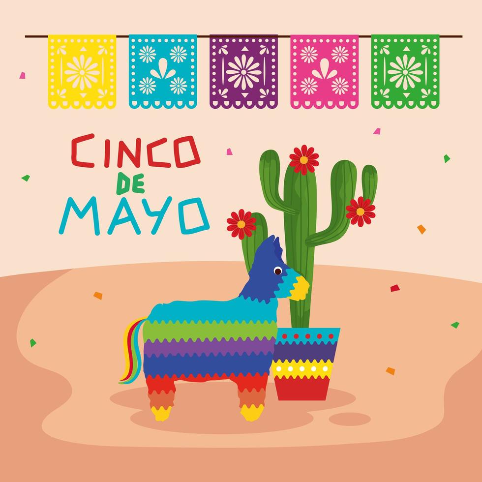 Mexicaanse pinata en cactus met bloemen van cinco de mayo vector design