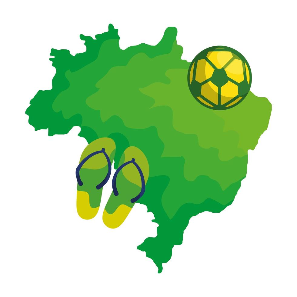 bal voetbal en slippers met kaart van brazilië vector