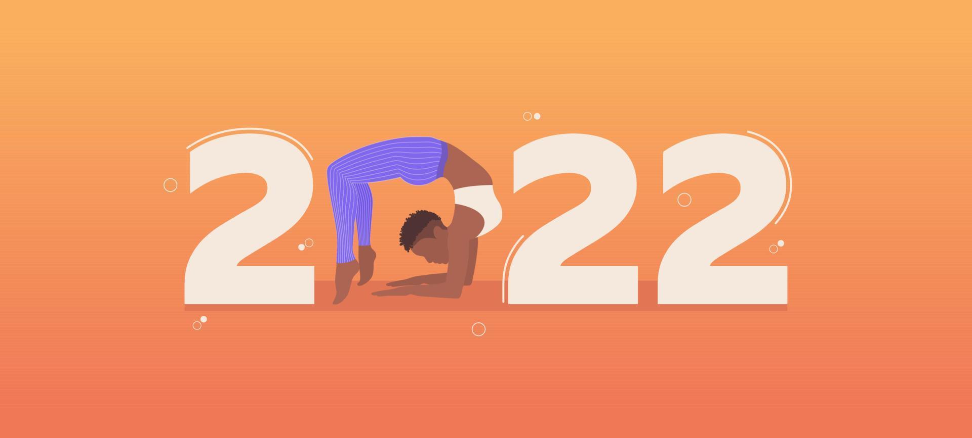 gelukkig nieuwjaar 2022. yoga vector banner 2022 met yoga pose. vectorillustratie.