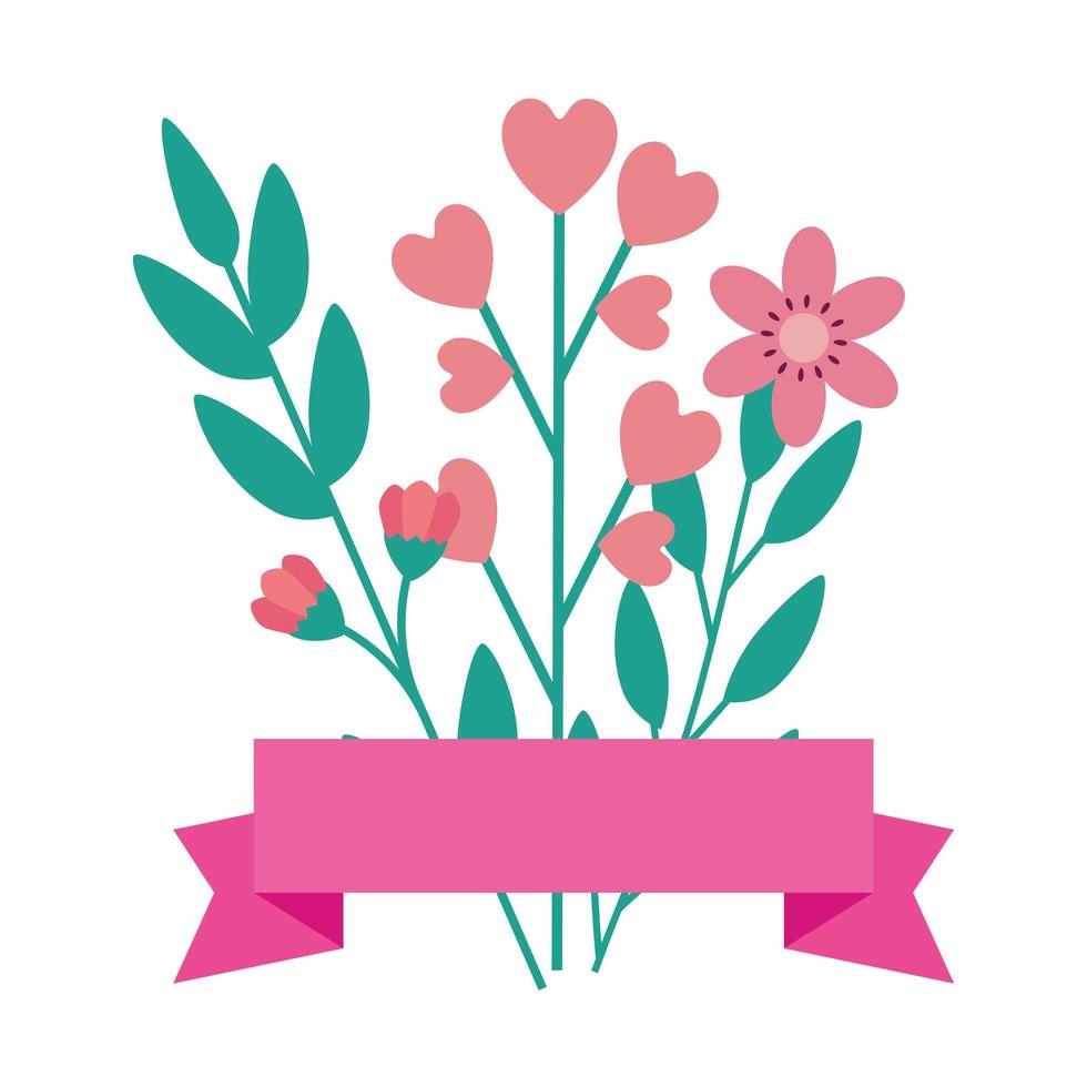 schattige bloemen roze met bladeren en lintdecoratie vector