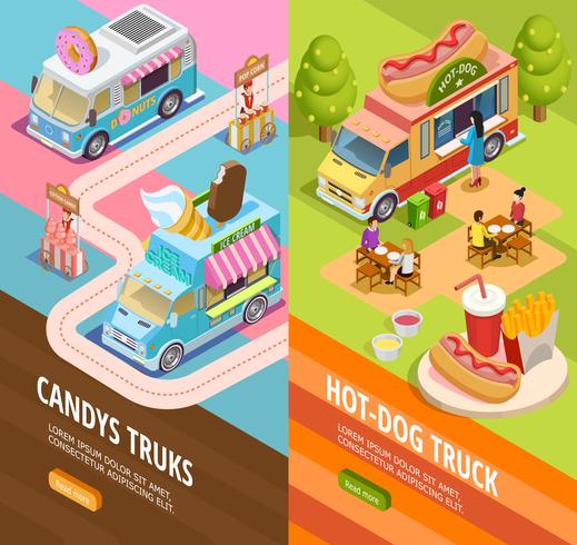 Food Trucks 2 verticale isometrische banners vector