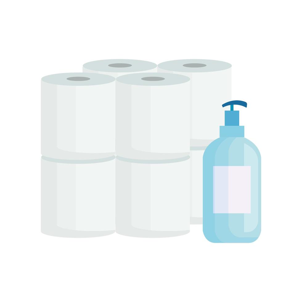 set toiletpapier met antibacteriële fles geïsoleerde pictogrammen vector