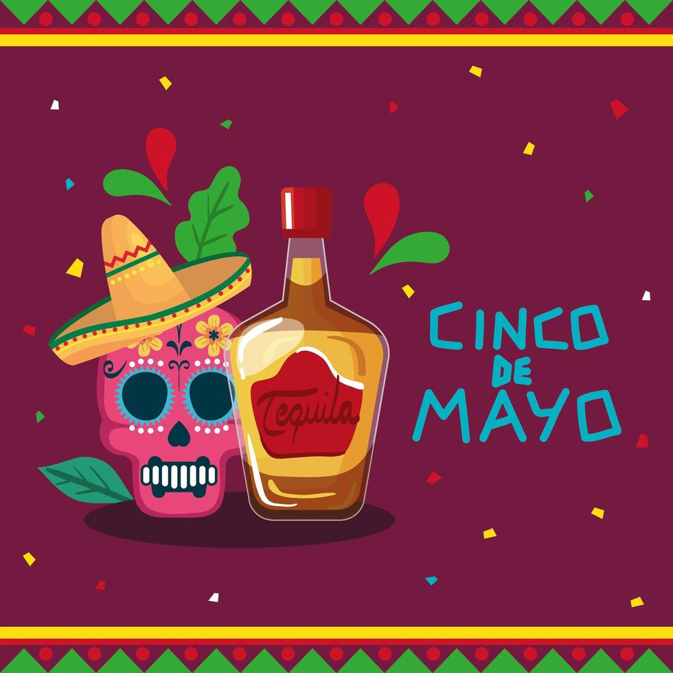 Mexicaanse tequilafles en schedel met hoed van cinco de mayo vectorontwerp vector