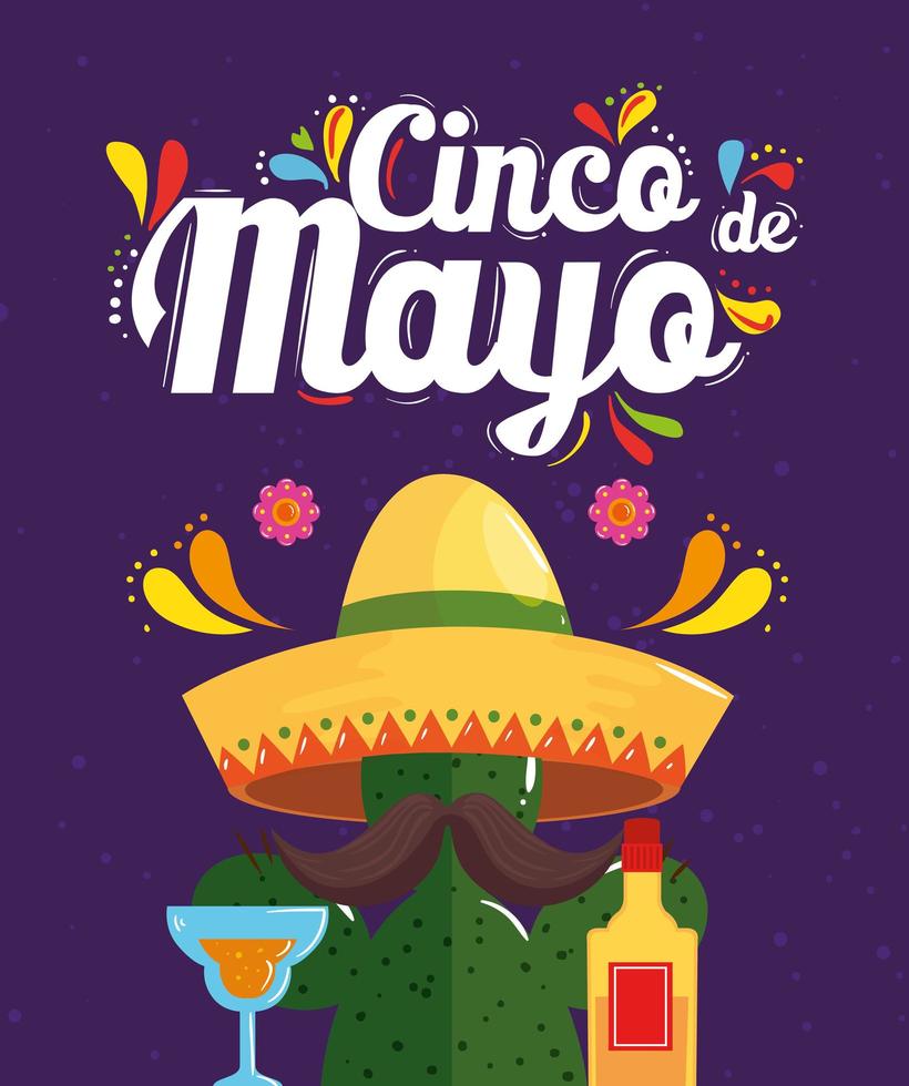 Mexicaanse cactus met hoed en snor van cinco de mayo vectorontwerp vector