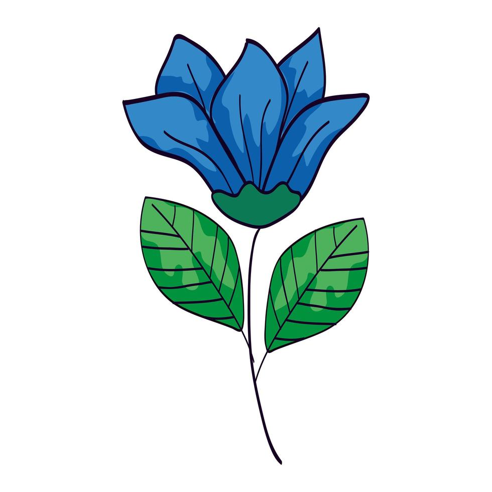 schattig bloem blauw met tak en bladeren geïsoleerde icon vector