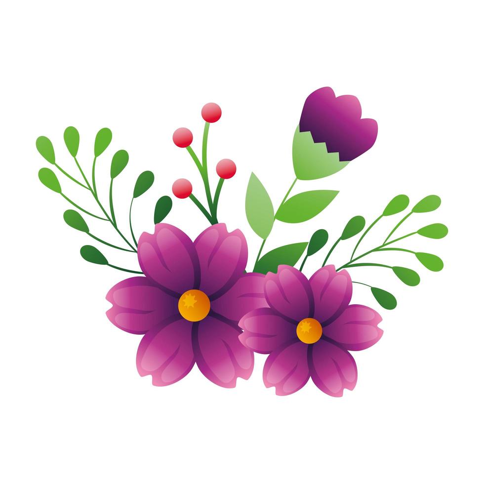 schattige bloemen paarse kleur met takken en bladeren vector