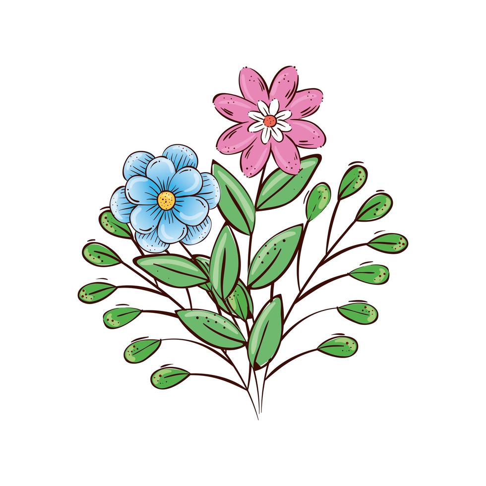 schattige bloemen met takken en bladeren decoratie vector