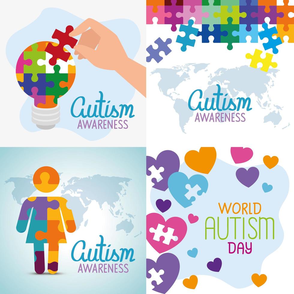 set poster van wereld autisme dag met decoratie vector