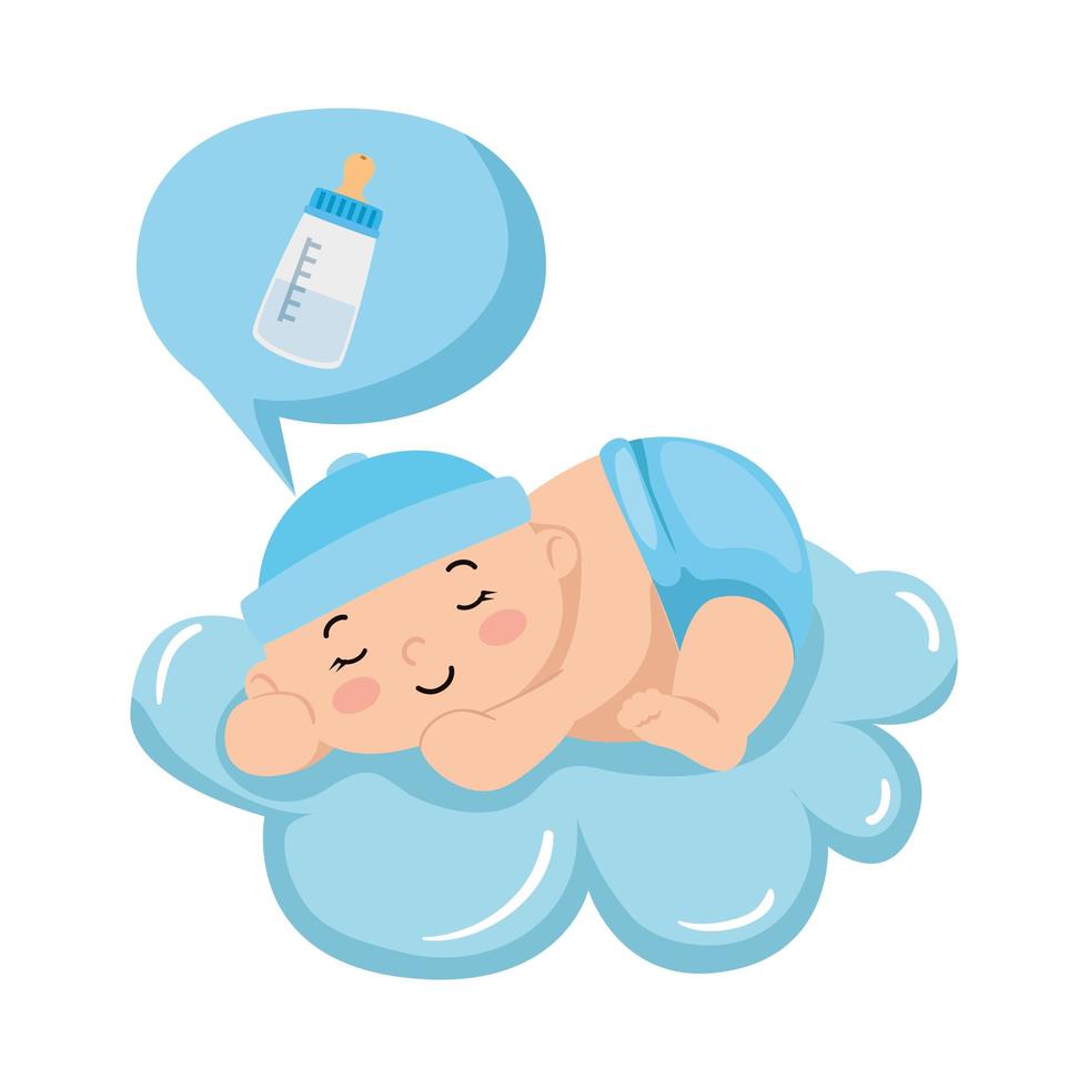 schattige babyjongen slapen in de wolk met flesmelk vector