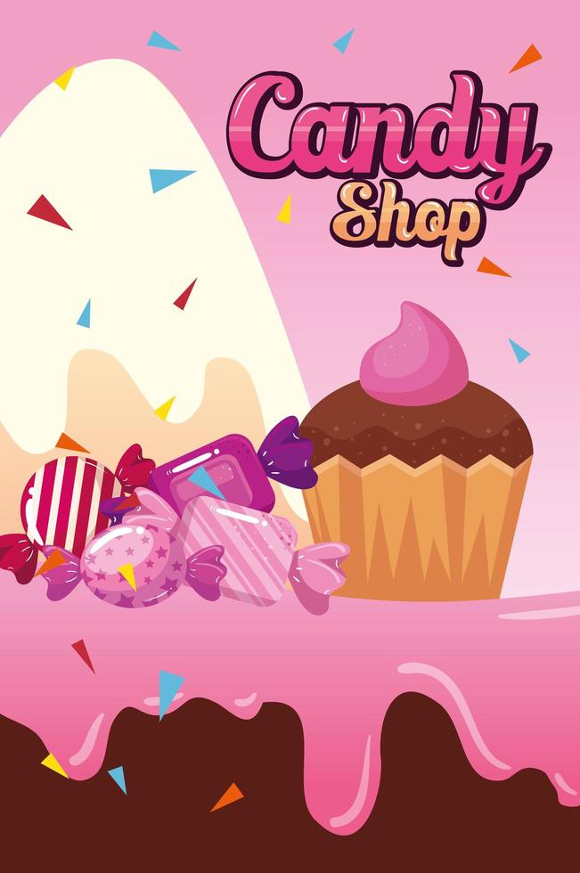 poster van snoepwinkel met cupcake en karamel vector