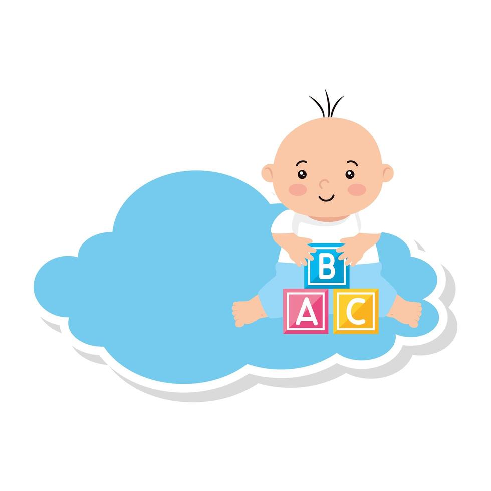 schattige babyjongen met kubussen speelgoed in de wolk vector