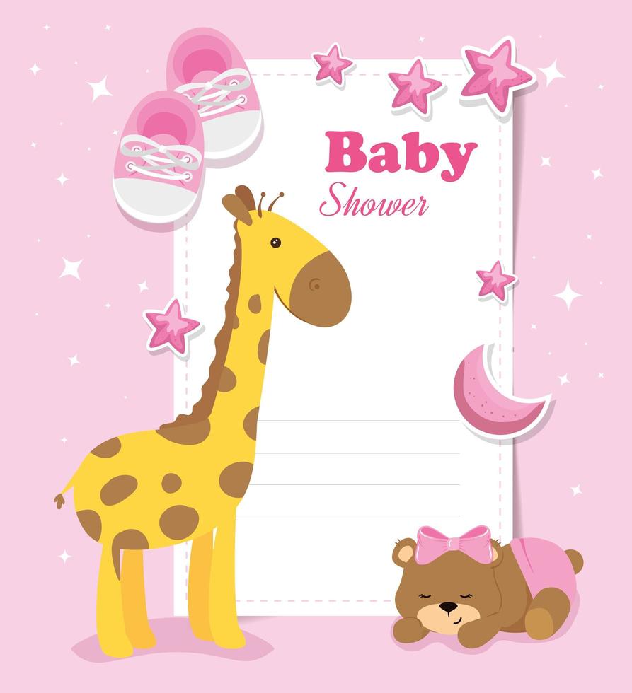 babyshowerkaart met giraf en pictogrammen vector