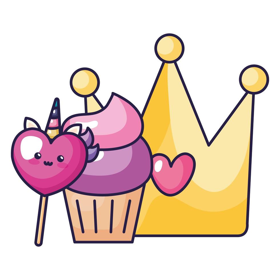 schattige kroon met cupcake en hart eenhoorn kawaii-stijl vector