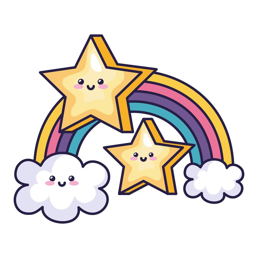 schattige regenboog met wolken en sterren kawaii-stijl vector