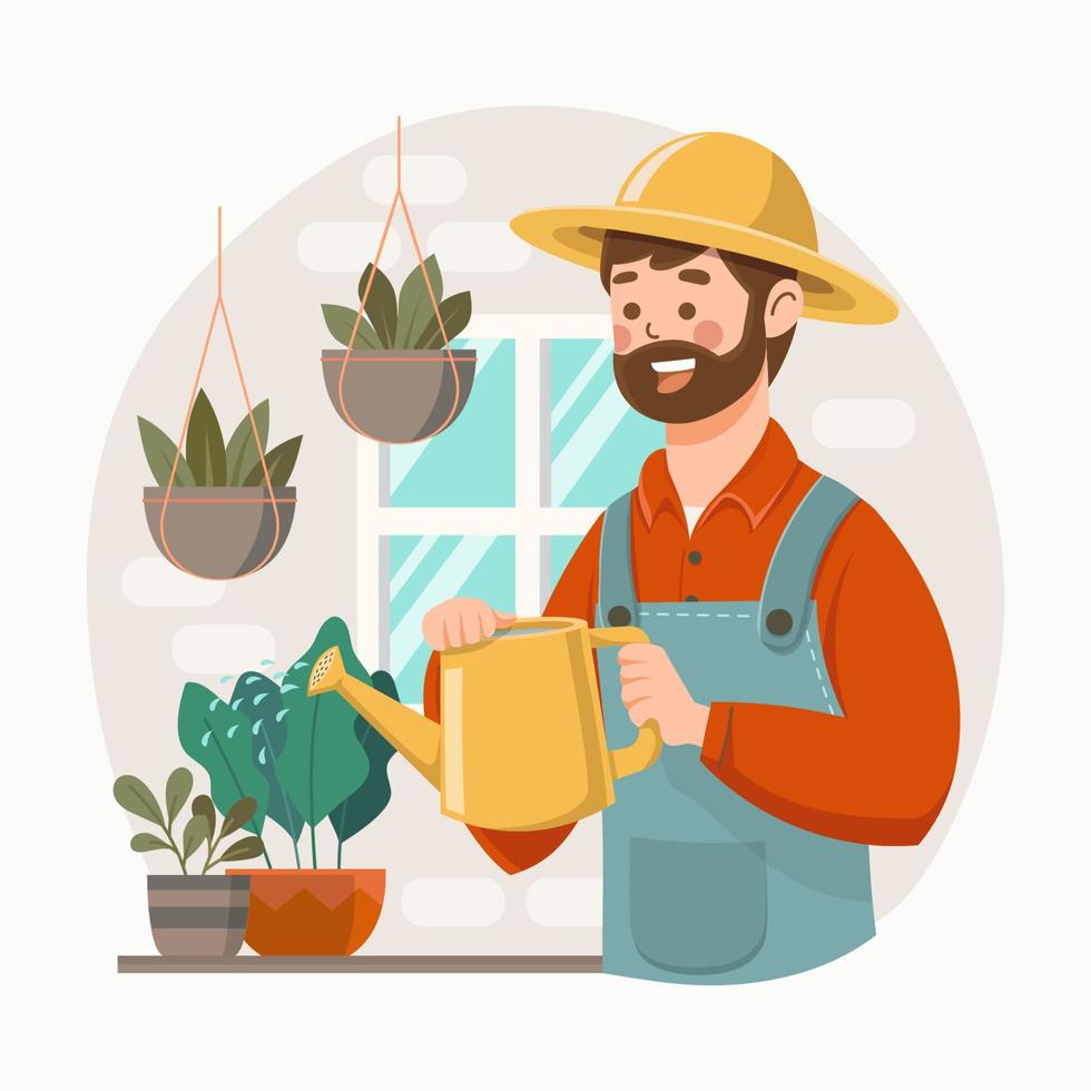 een tuinman die een plant water geeft vector