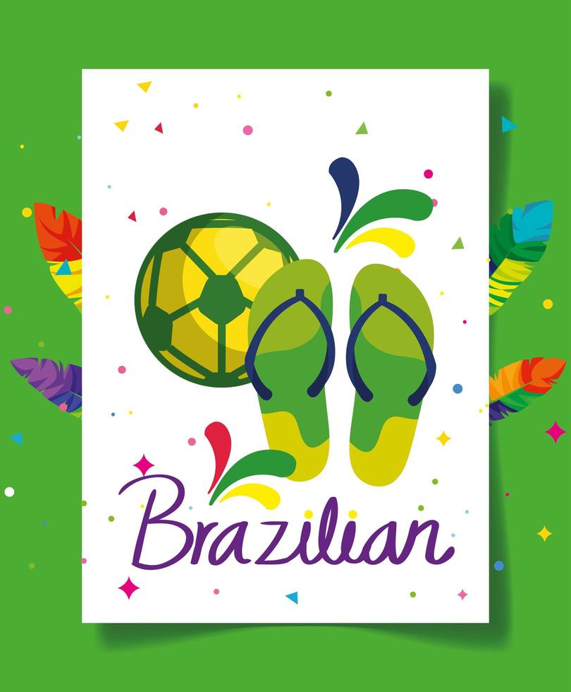 poster van braziliaans carnaval met slippers en balvoetbal vector