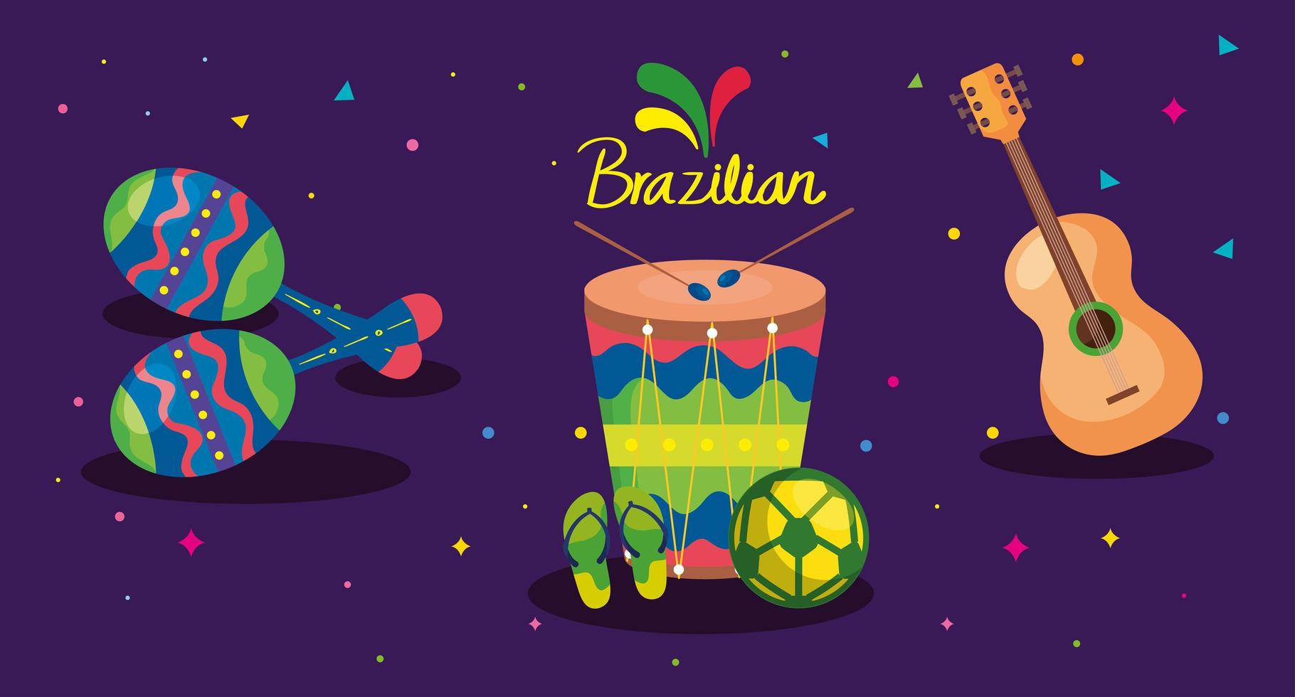 poster van braziliaans carnaval met trommel en iconen traditional vector