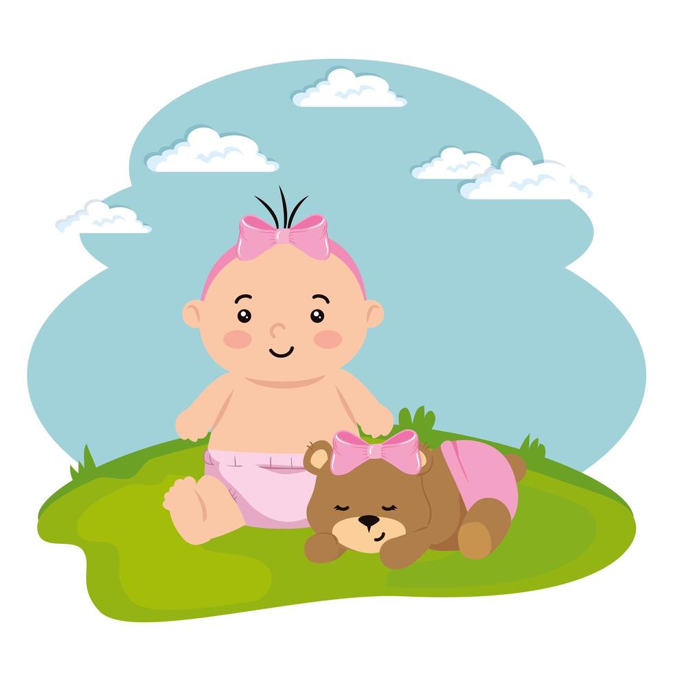 schattig klein babymeisje met teddybeer in landschap vector