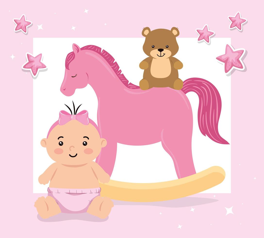 babymeisje met houten paardenspeelgoed en teddybeer vector