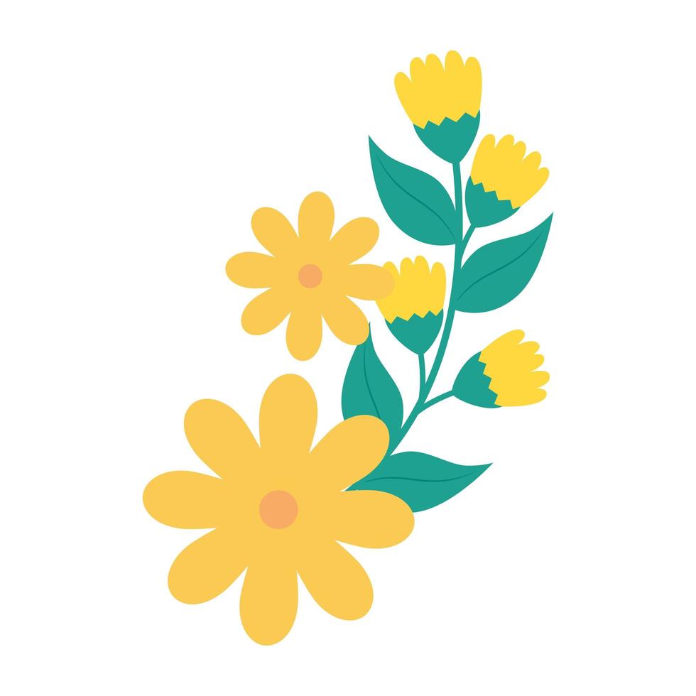 schattige bloemen geel met tak en blaadjes vector