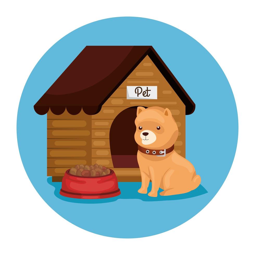 schattige hond met houten huis en schotel eten vector
