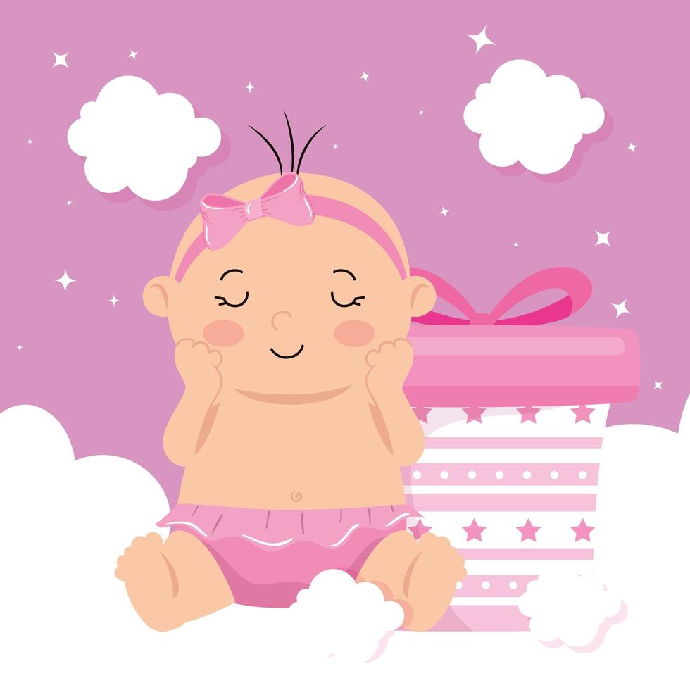 schattig babymeisje met geschenkdoos en wolkendecoratie vector