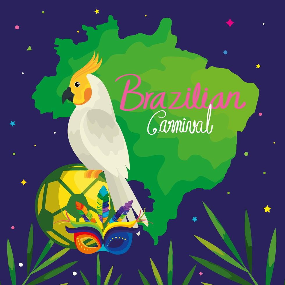 poster van carnaval braziliaans met papegaai en traditionele iconen vector