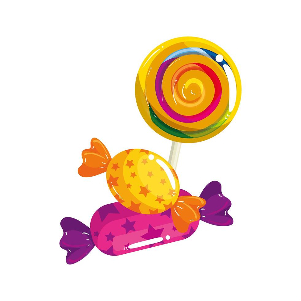 Zoete lolly met snoepjes in geïsoleerd wikkelpictogram vector
