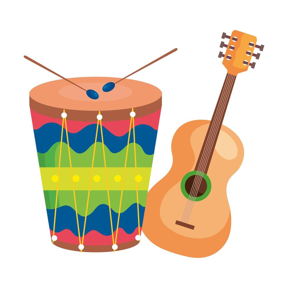 gitaar met druminstrumenten muzikaal geïsoleerd pictogram vector