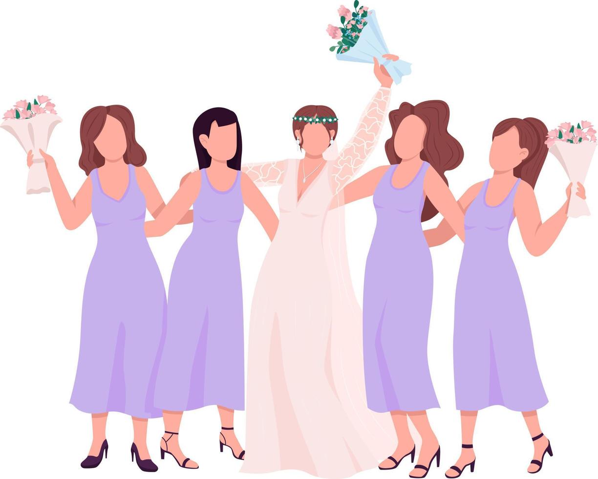 gelukkige bruid met semi-egale kleur vectorkarakters voor bruidsmeisjes vector