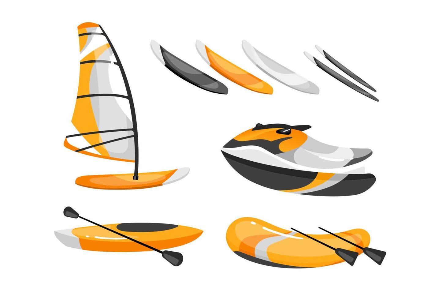 boten platte vector illustraties set. extreme watersportactiviteiten. windsurfen, kanoën, kajakken, skiuitrusting. speedboot met peddels. actieve levensstijl geïsoleerde cartoon clipart