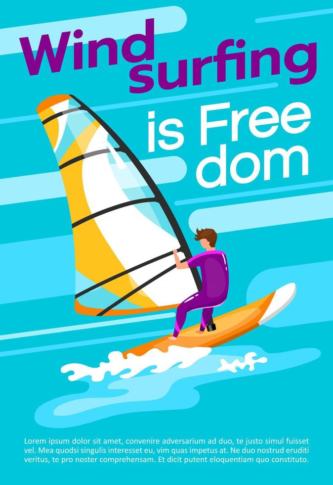 windsurfen is vrijheid poster vector sjabloon. watersport. brochure, omslag, boekje pagina conceptontwerp met platte illustraties. extreme sporten. reclamefolder, folder, idee voor bannerlay-out