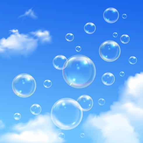 Zeepbellen blauwe hemel realistische achtergrond vector