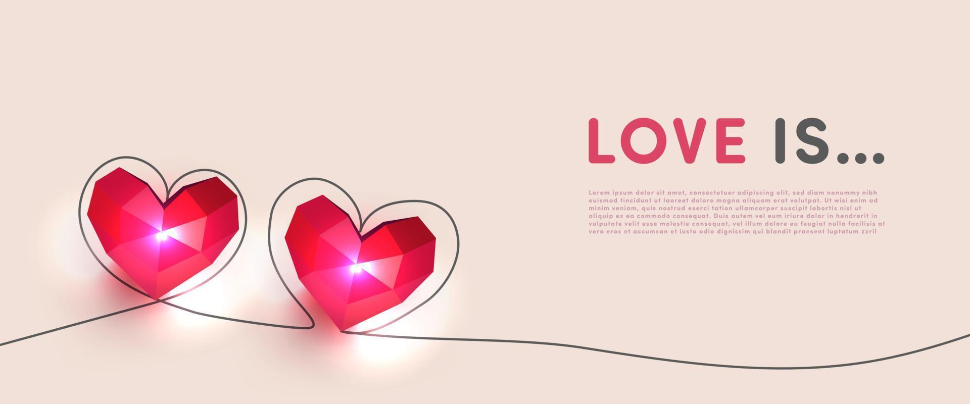 een lijn hartvorm grens met speciale paar kristallen harten op zachtroze achtergrond. poster of banner voor bruiloft, moeder, vrouwen, Valentijnsdag vector