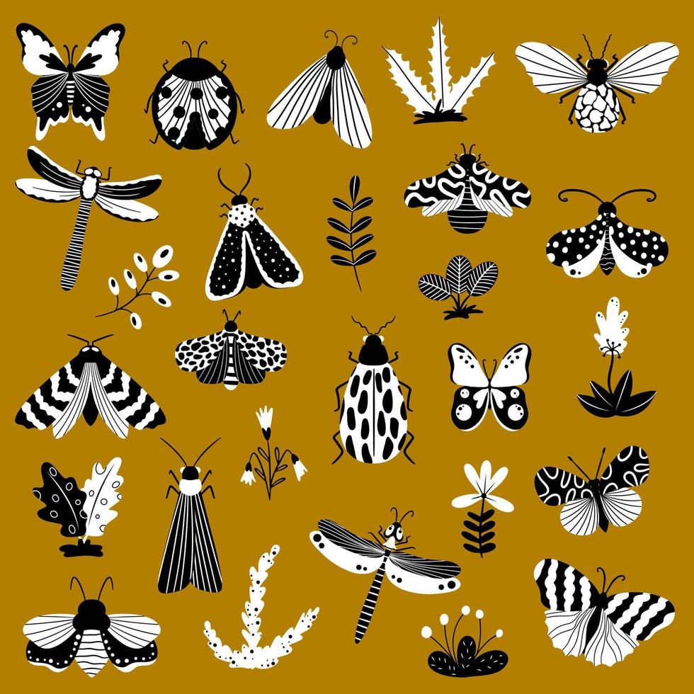 vlinders, insecten en bloemen, handgetekende verzameling van verschillende elementen, geïsoleerde elementen op een witte achtergrond vector