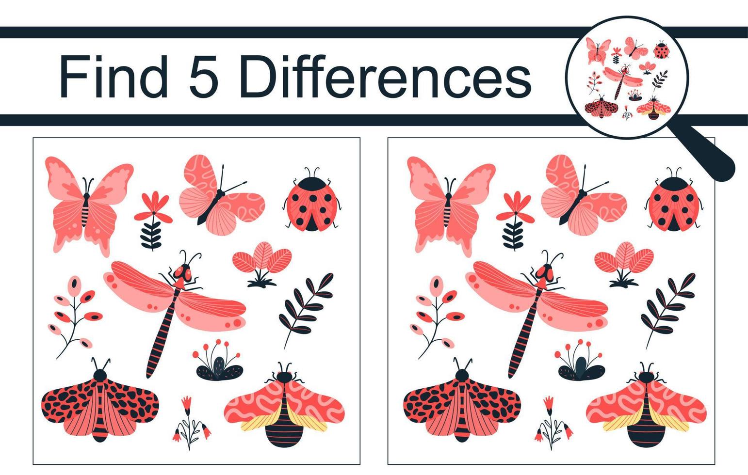 zoek de verschillen. educatief spel voor kinderen. verzameling van kleurrijke insecten, vlinders, kevers, libellen, bloemen. vectorillustratie, cartoon stijl. vector