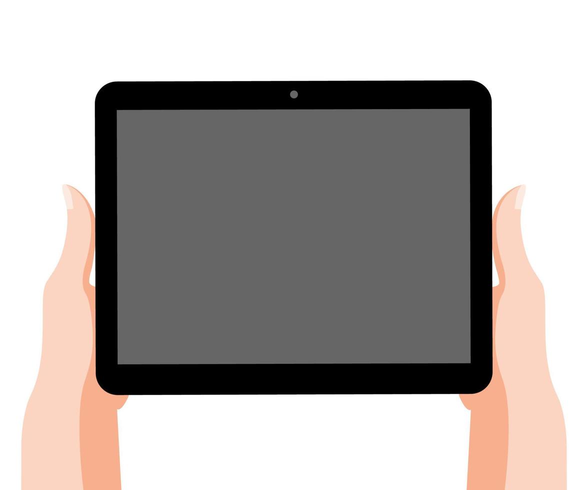 vrouwelijke handen houden tablet zwarte kleur op witte achtergrond. apparaatje. vectorillustratie in cartoon-stijl. vector