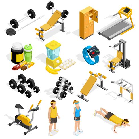 Fitnessruimte en fitness isometrische Icons Set vector