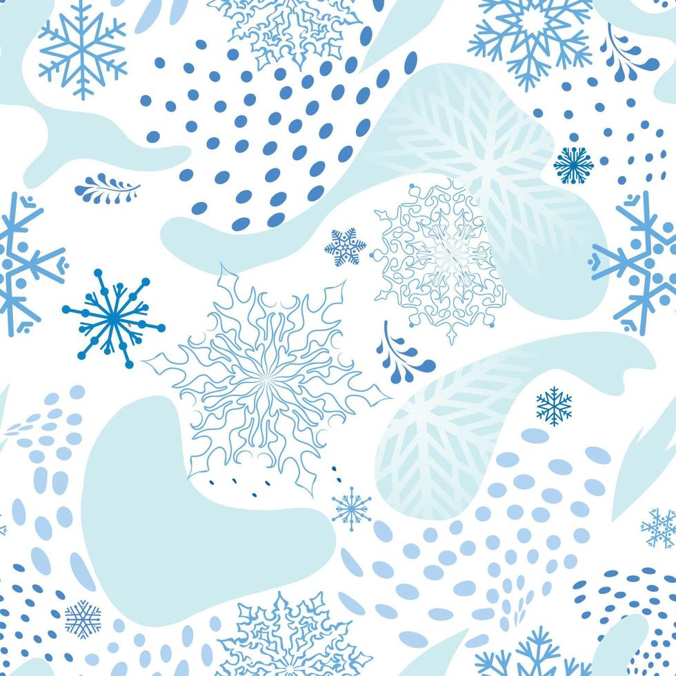 sneeuw naadloze patroon. abstract winter bloemenpatroon met stippen en sneeuwvlokken. sier bloeien seizoensgebonden getekende textuur. wintervakantie achtergrond. artistieke stijlvolle pagina. kerst collectie. vector